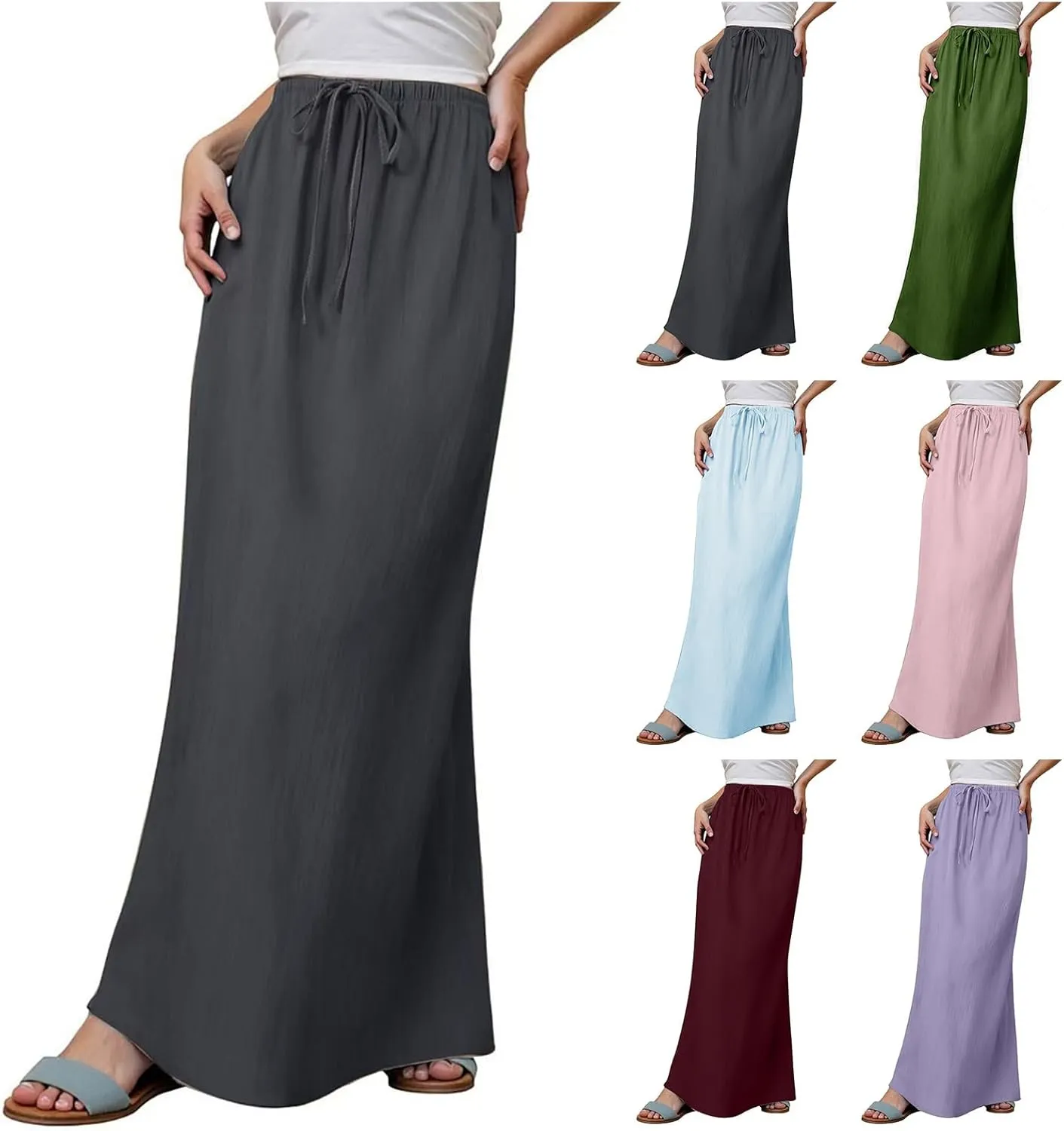 Linen Long Skirts for Women Summer Casual Flowy Skirts A Line Drawstring Waist Maxi Skirt Beach Vacation Skirt