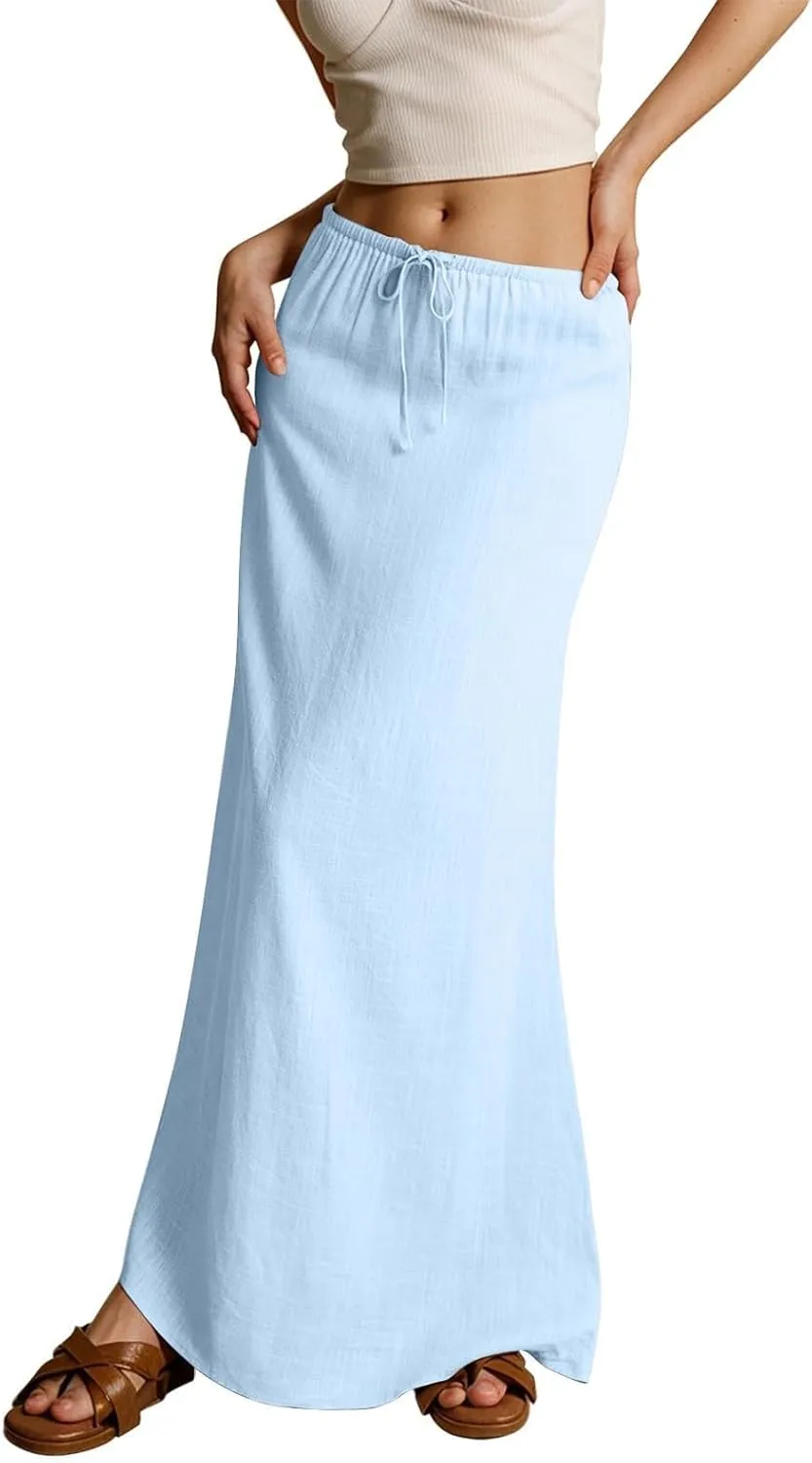 Linen Long Skirts for Women Summer Casual Flowy Skirts A Line Drawstring Waist Maxi Skirt Beach Vacation Skirt