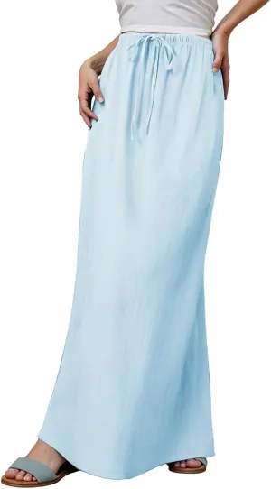 Linen Long Skirts for Women Summer Casual Flowy Skirts A Line Drawstring Waist Maxi Skirt Beach Vacation Skirt