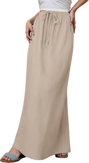 Linen Maxi Skirt, Women's Summer Bohemian Long Skirt, Cotton Elastic Waist Band Maxi Skirt Beach Party Holiday Skirt