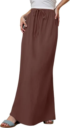 Linen Maxi Skirt, Women's Summer Bohemian Long Skirt, Cotton Elastic Waist Band Maxi Skirt Beach Party Holiday Skirt