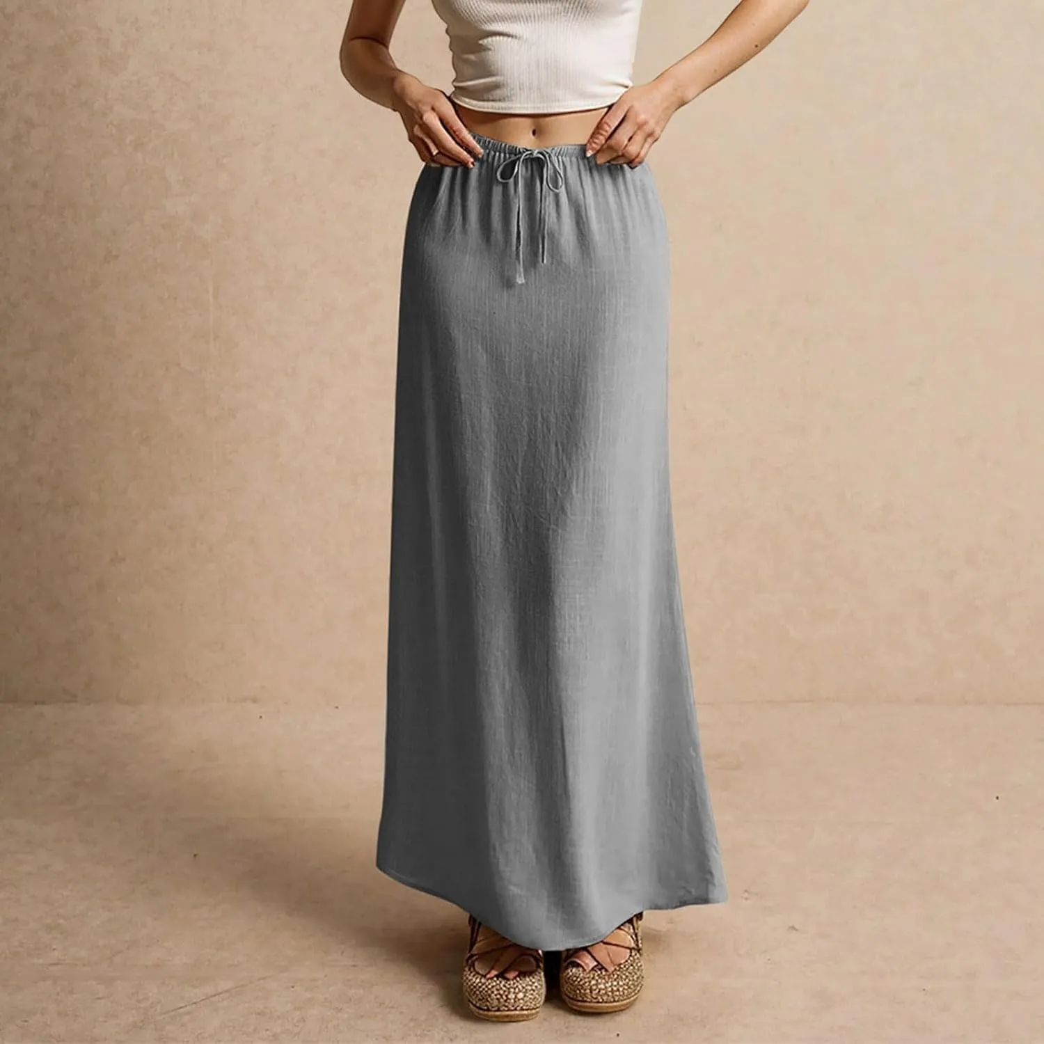 Linen Maxi Skirts for Women Trendy Summer Casual Drawstring Elastic Waist A Line Skirt Boho Beach Long Flowy Skirt