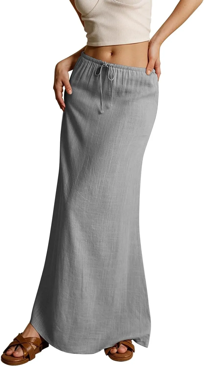 Linen Maxi Skirts for Women Trendy Summer Casual Drawstring Elastic Waist A Line Skirt Boho Beach Long Flowy Skirt