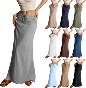 Linen Maxi Skirts for Women Trendy Summer Casual Drawstring Elastic Waist A Line Skirt Boho Beach Long Flowy Skirt