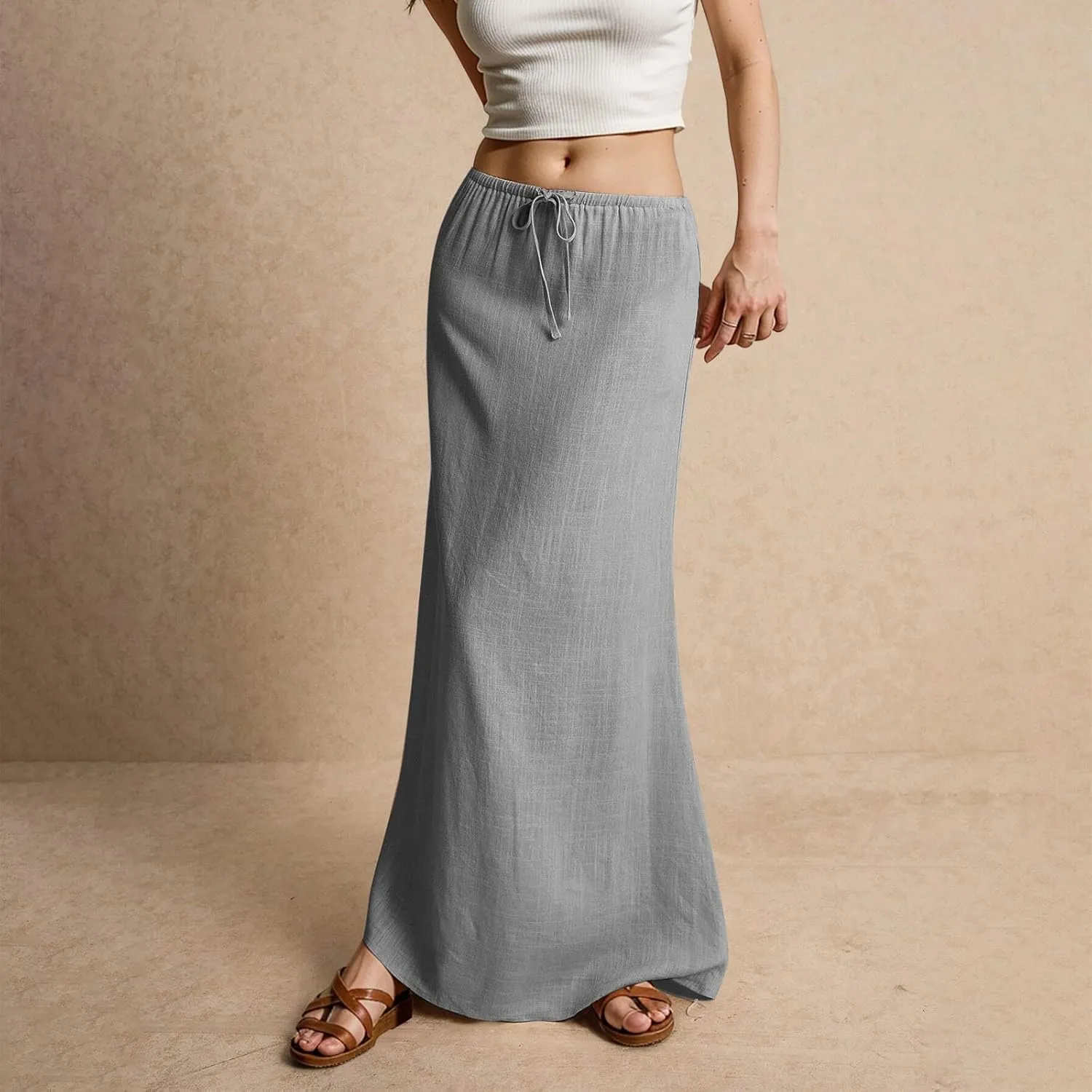 Linen Maxi Skirts for Women Trendy Summer Casual Drawstring Elastic Waist A Line Skirt Boho Beach Long Flowy Skirt