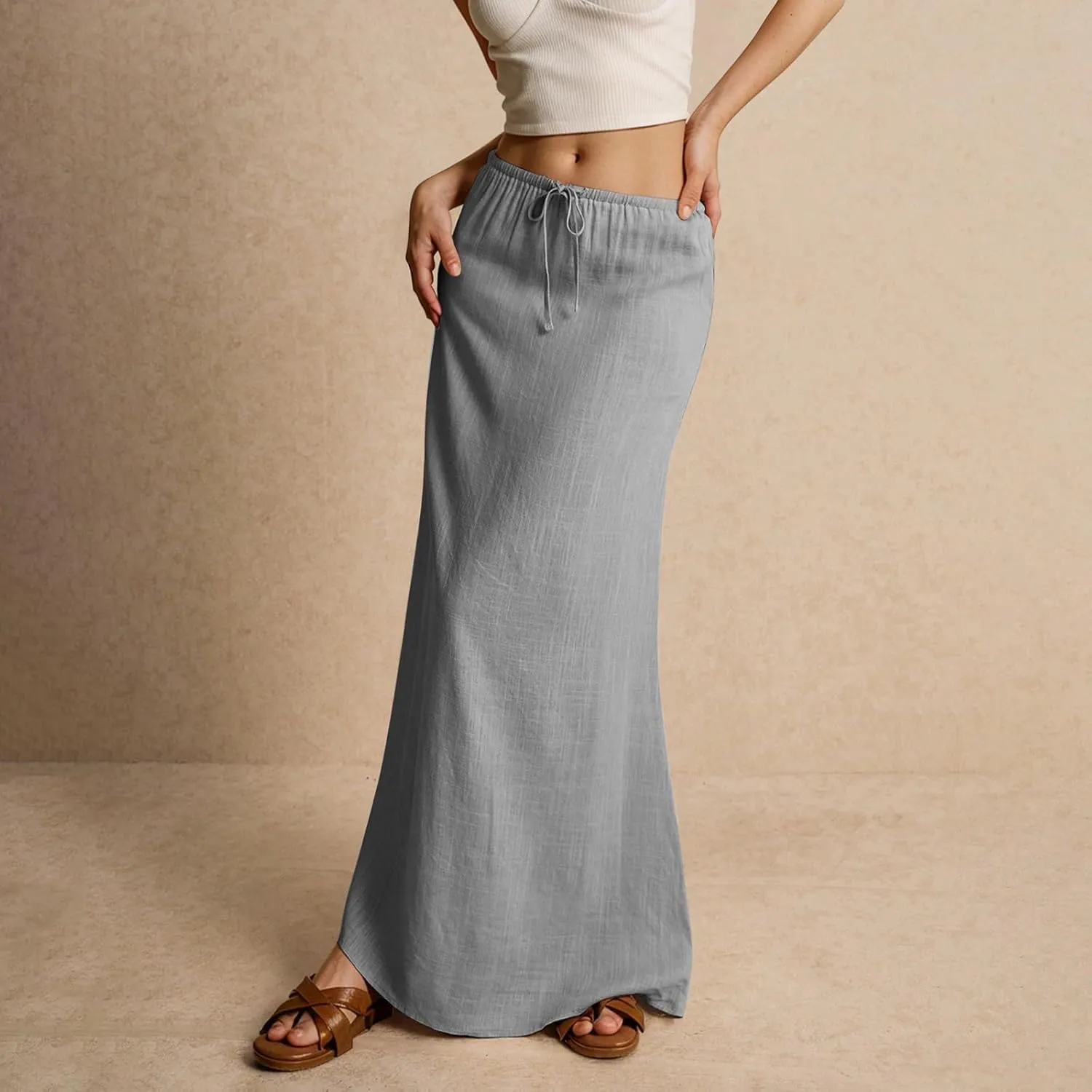 Linen Maxi Skirts for Women Trendy Summer Casual Drawstring Elastic Waist A Line Skirt Boho Beach Long Flowy Skirt