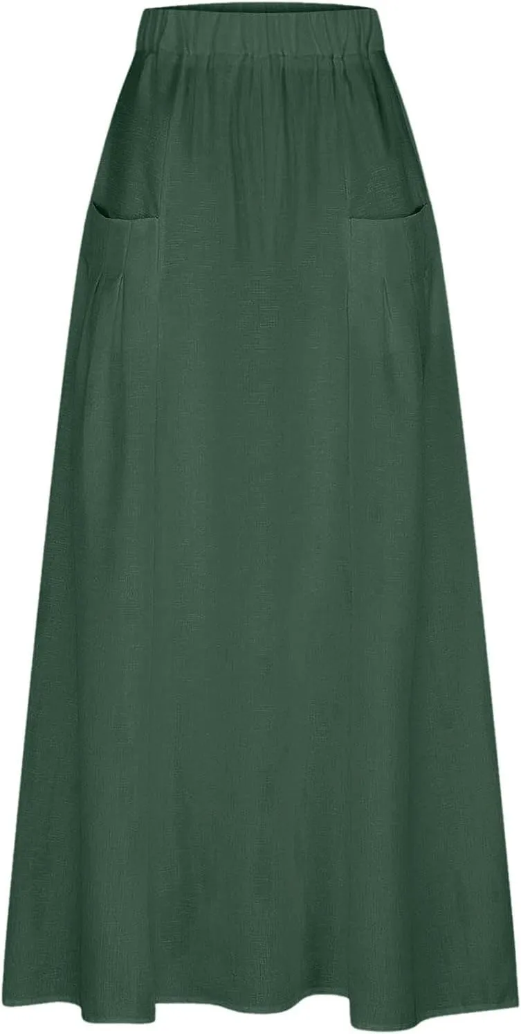 Linen Maxi Skirts for Women with Pockets 2025 Summer High Waisted Loose Fit Casual Long Skirt for Vacation