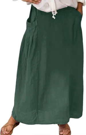 Linen Maxi Skirts for Women with Pockets 2025 Summer High Waisted Loose Fit Casual Long Skirt for Vacation