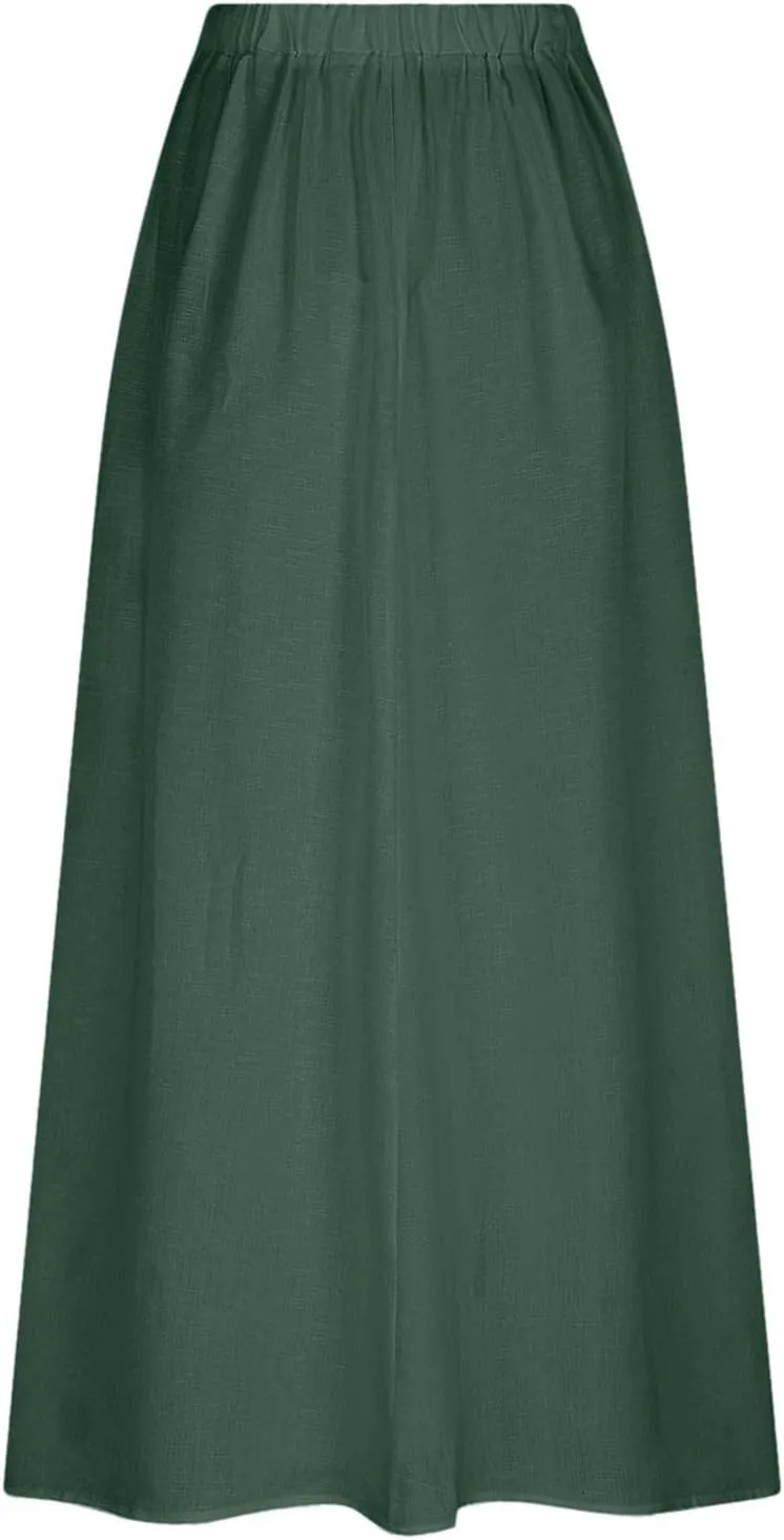 Linen Maxi Skirts for Women with Pockets 2025 Summer High Waisted Loose Fit Casual Long Skirt for Vacation