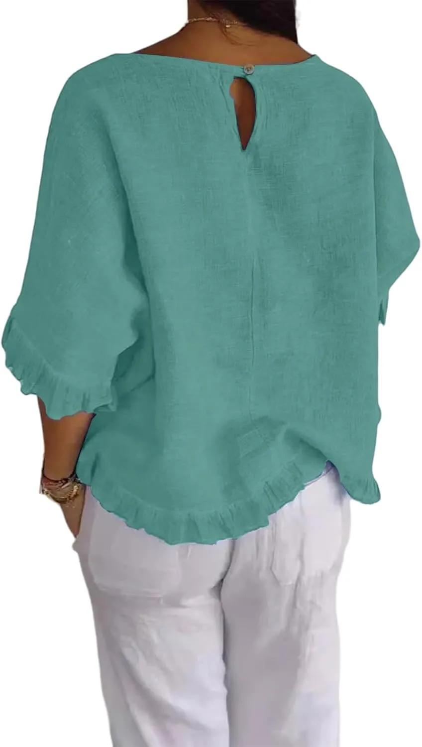 Linen Shirts for Women 2025 Summer Trendy 3/4 Length Sleeve Ruffled Hem Tops Loose Fit Round Neck Solid Tees