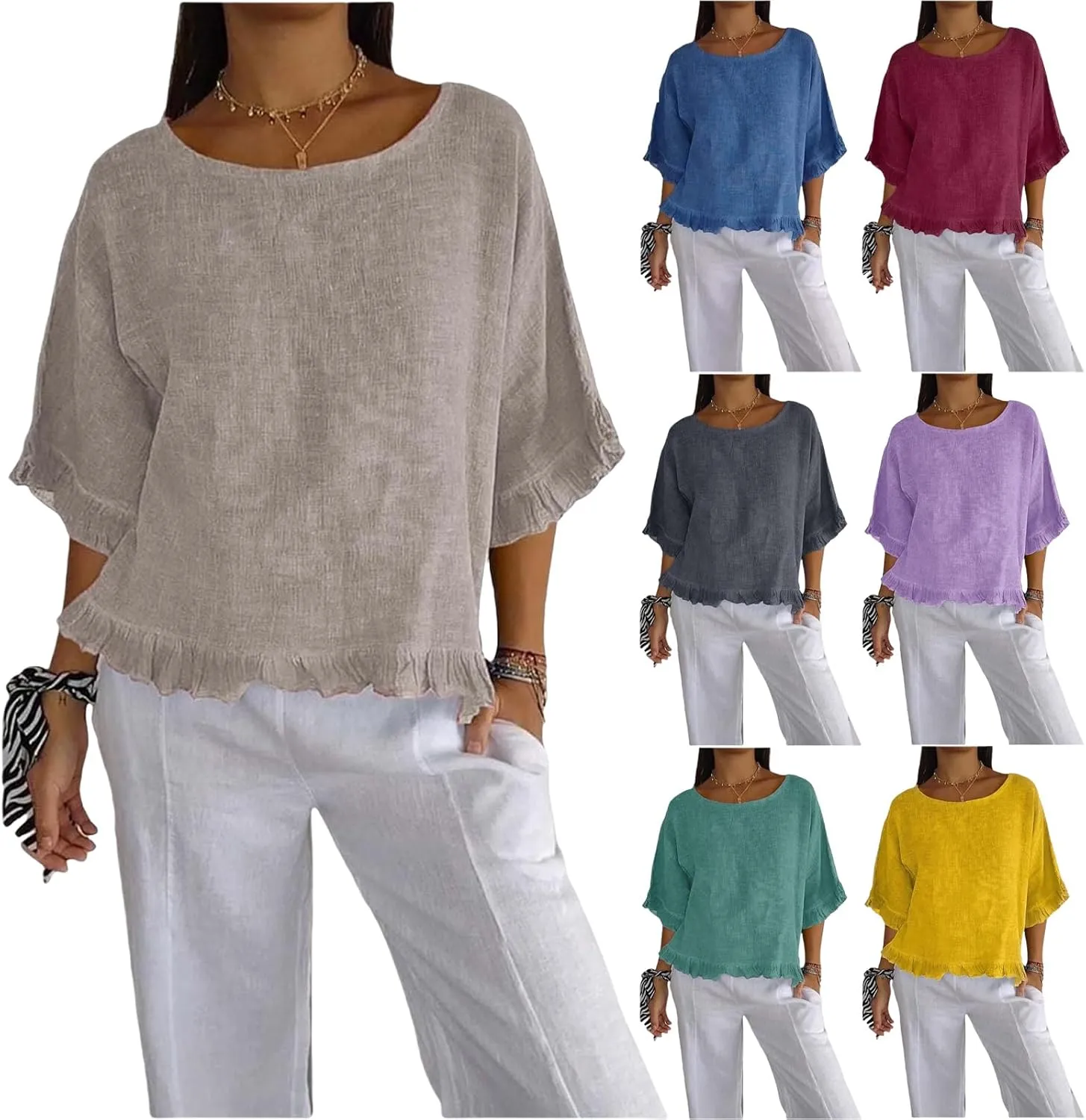Linen Shirts for Women 2025 Summer Trendy 3/4 Length Sleeve Ruffled Hem Tops Loose Fit Round Neck Solid Tees