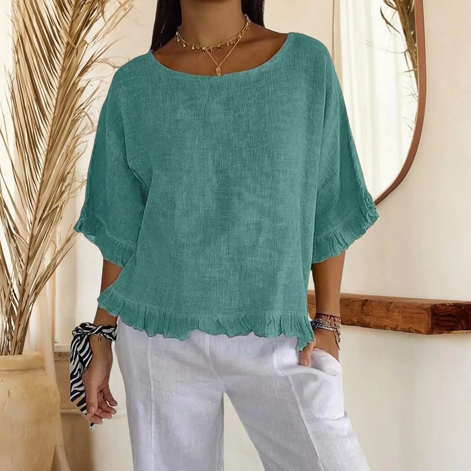 Linen Shirts for Women 2025 Summer Trendy 3/4 Length Sleeve Ruffled Hem Tops Loose Fit Round Neck Solid Tees