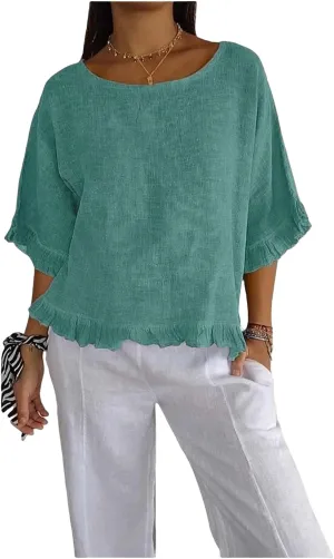Linen Shirts for Women 2025 Summer Trendy 3/4 Length Sleeve Ruffled Hem Tops Loose Fit Round Neck Solid Tees