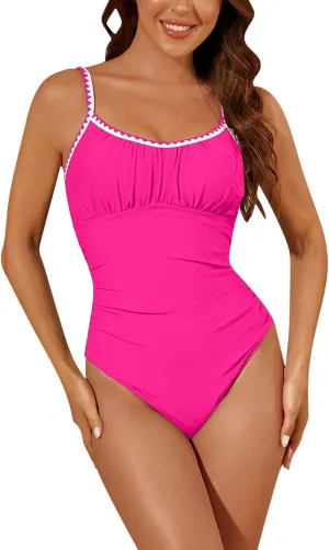 Lmdudan 2025 Women's One Piece Swimsuit Tummy Control Slimming Cheeky Bathing Suit Scoop Neck Backless Ruched Swimwear