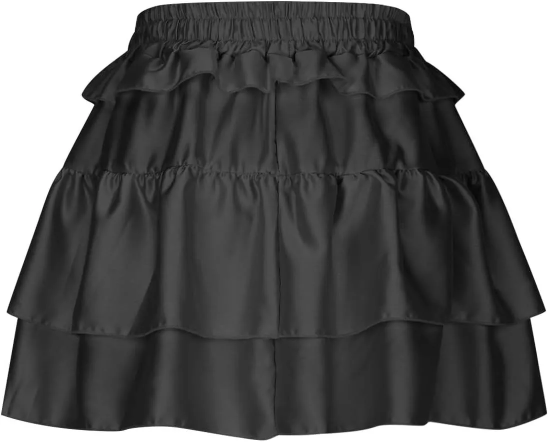 Lmdudan Y2K Mini Skirt for Women Sexy Pleated Layered Ruffle Hem Flowy Skirt Lace Up Elastic High Waisted Short Skirts