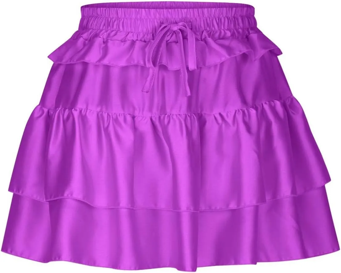 Lmdudan Y2K Mini Skirt for Women Sexy Pleated Layered Ruffle Hem Flowy Skirt Lace Up Elastic High Waisted Short Skirts