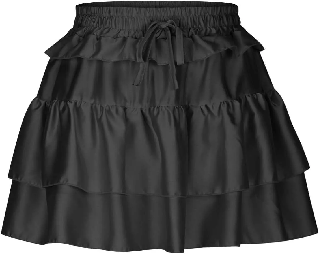 Lmdudan Y2K Mini Skirt for Women Sexy Pleated Layered Ruffle Hem Flowy Skirt Lace Up Elastic High Waisted Short Skirts