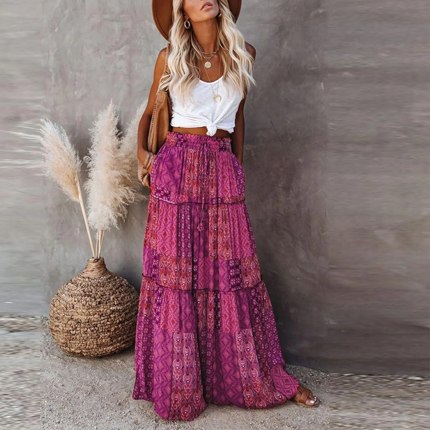 Long Skirt,Flowy Skirts for Women 2025 Elastic High Waisted Linen Trendy Womens Boho Maxi Skirt with Pockets