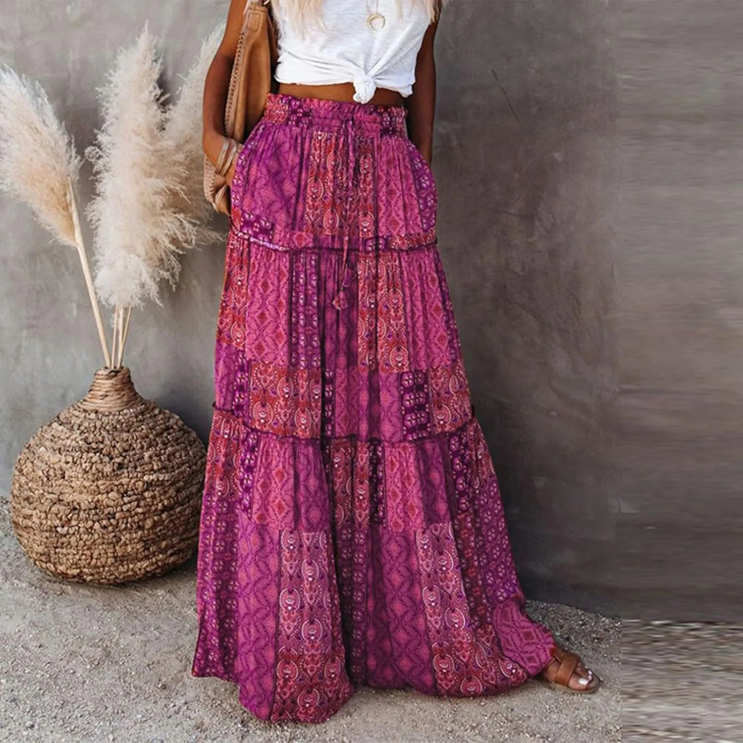 Long Skirt,Flowy Skirts for Women 2025 Elastic High Waisted Linen Trendy Womens Boho Maxi Skirt with Pockets