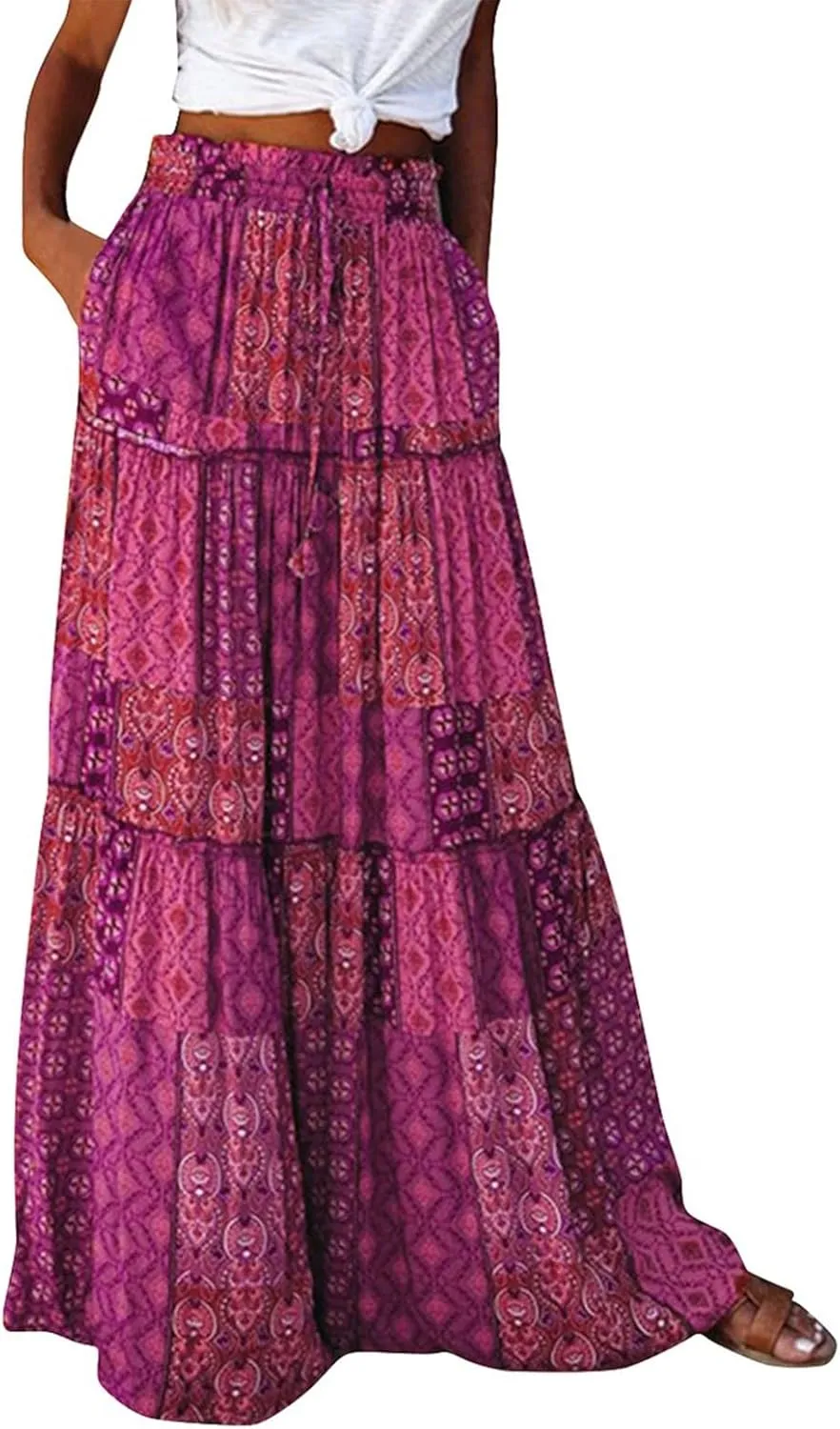 Long Skirt,Flowy Skirts for Women 2025 Elastic High Waisted Linen Trendy Womens Boho Maxi Skirt with Pockets