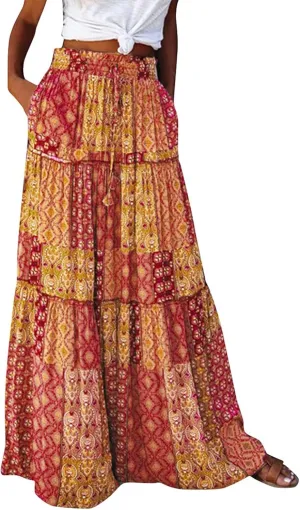 Long Skirts for Women Trendy, Flowy Long Skirts 2025 Summer Womens Boho Maxi Skirt with Pockets High Waisted