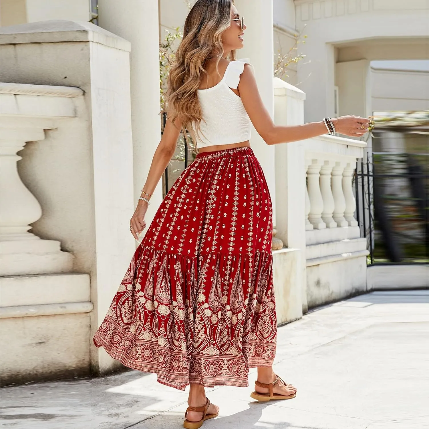 Long Skirts,Wrap Drawstring Tiered Boho Skirt Spring Summer Plus Size Flowy Maxi Skirts for Women 2025 Trendy