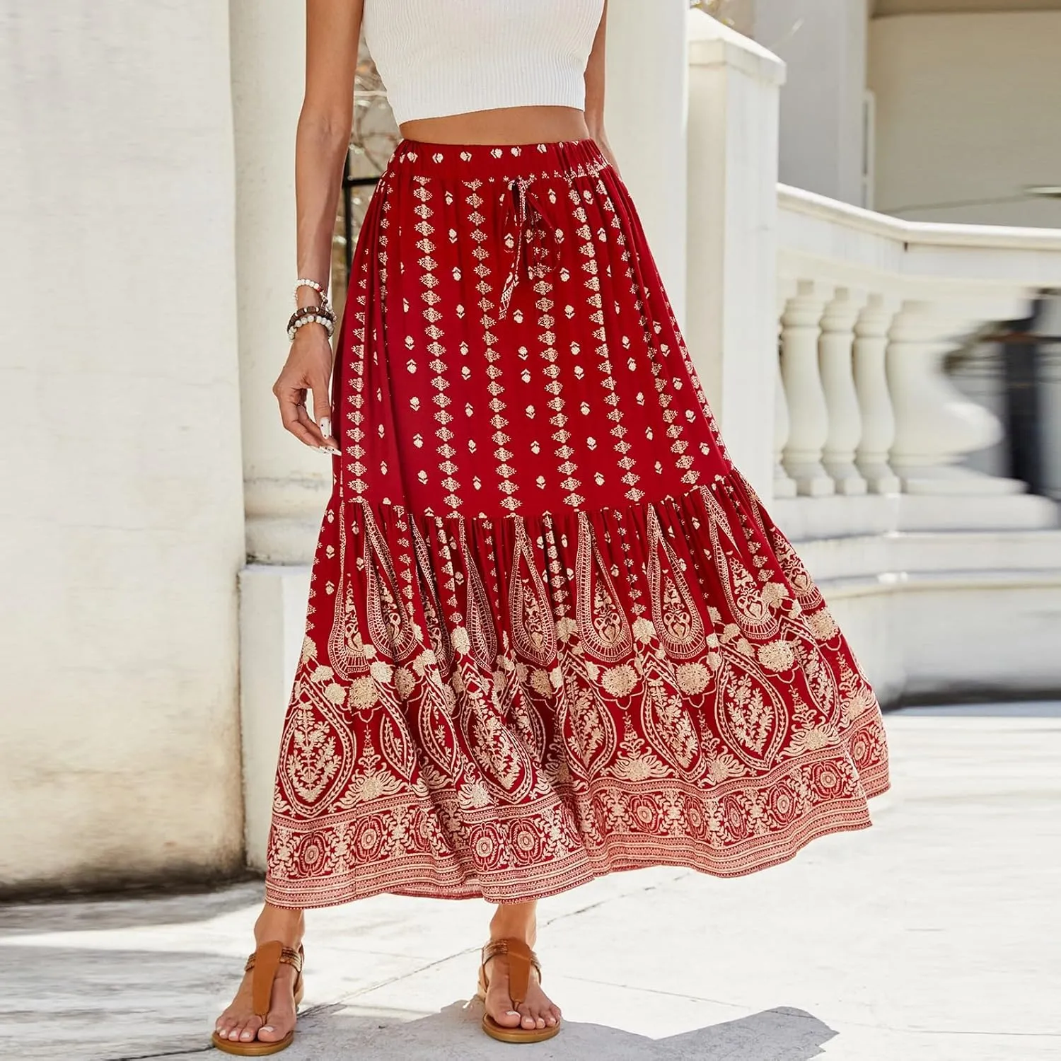 Long Skirts,Wrap Drawstring Tiered Boho Skirt Spring Summer Plus Size Flowy Maxi Skirts for Women 2025 Trendy