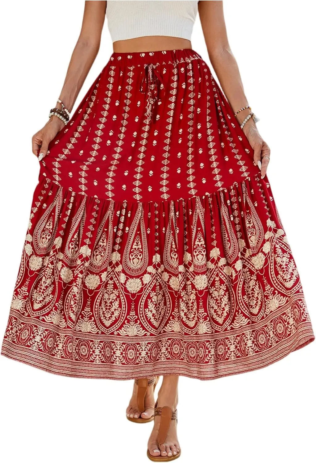 Long Skirts,Wrap Drawstring Tiered Boho Skirt Spring Summer Plus Size Flowy Maxi Skirts for Women 2025 Trendy