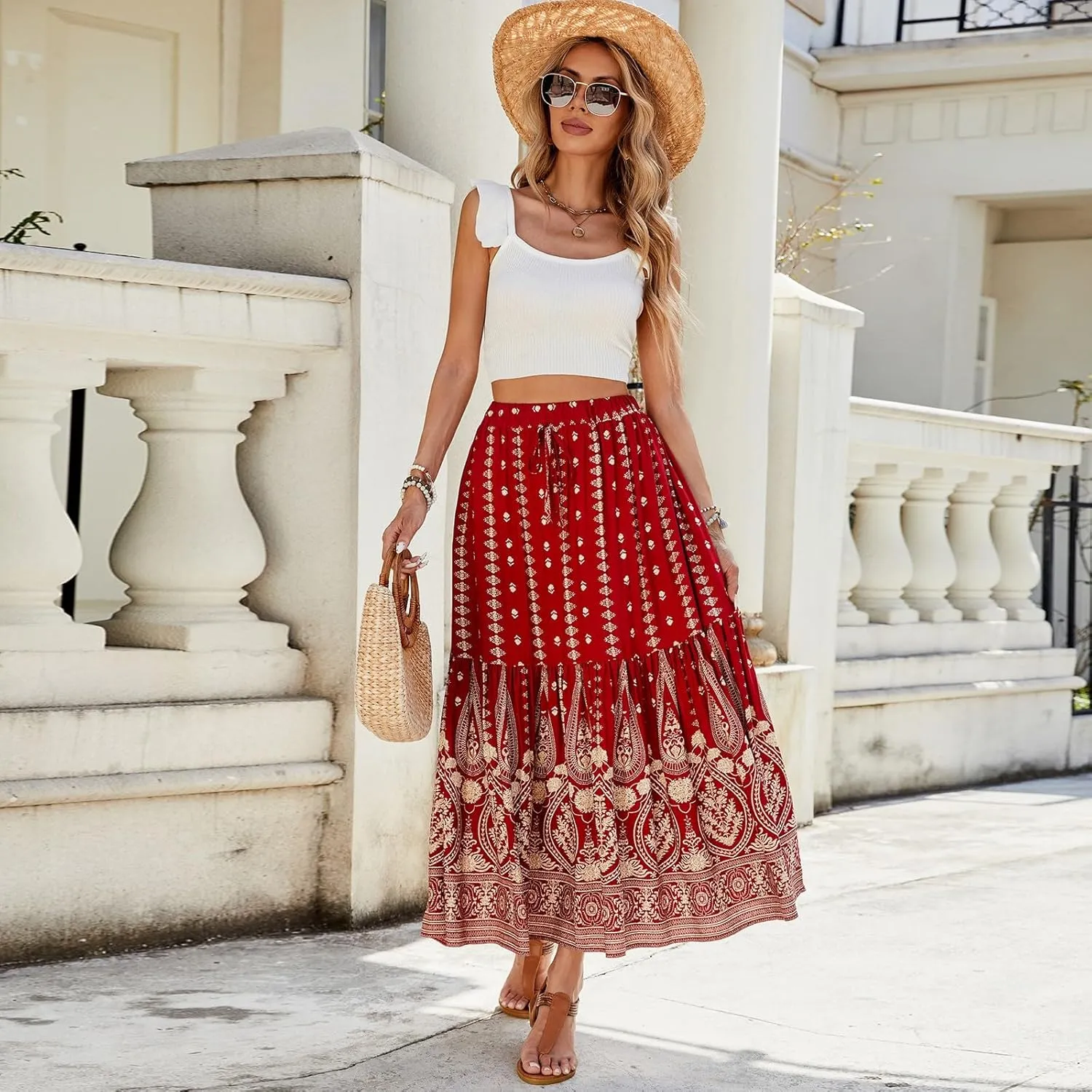 Long Skirts,Wrap Drawstring Tiered Boho Skirt Spring Summer Plus Size Flowy Maxi Skirts for Women 2025 Trendy