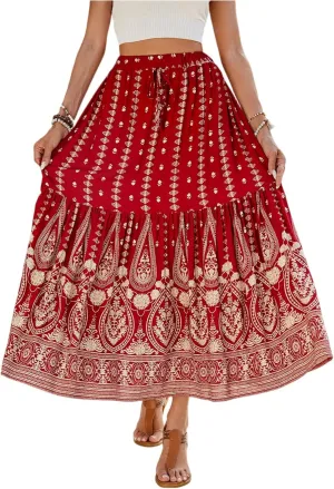 Long Skirts,Wrap Drawstring Tiered Boho Skirt Spring Summer Plus Size Flowy Maxi Skirts for Women 2025 Trendy