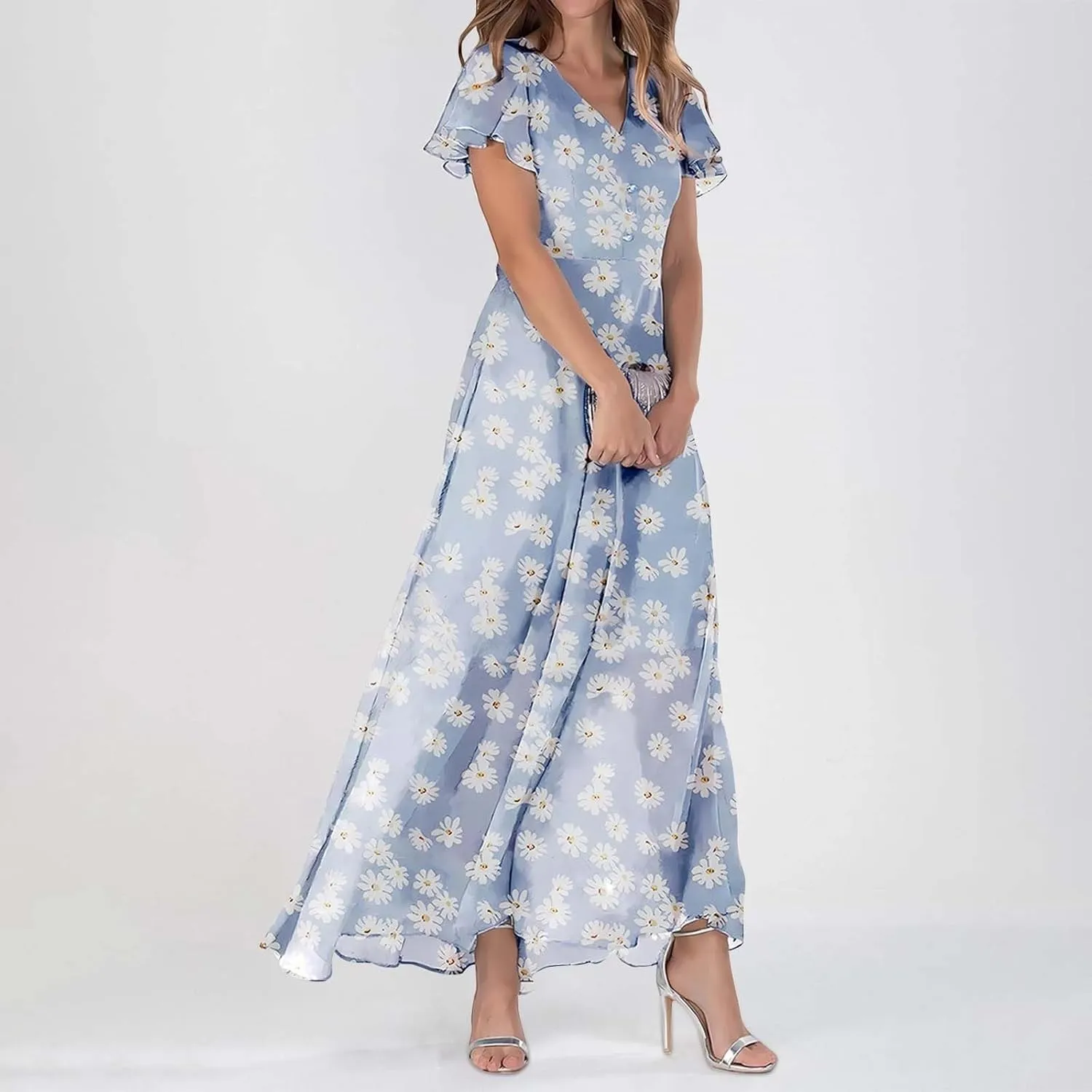 Long Spring Dresses for Women 2025, Floral Chiffon Dress, Casual V Neck Maxi Dress, Short Sleeve Ruffle Party Dress