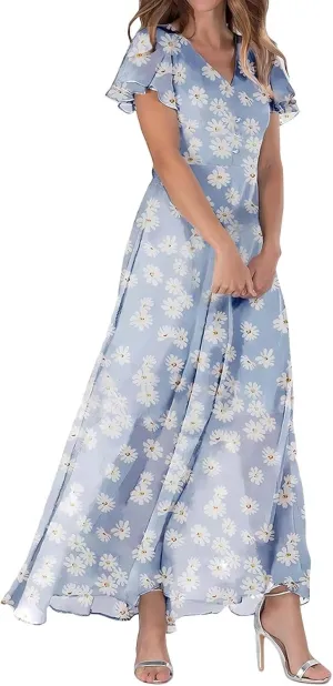 Long Spring Dresses for Women 2025, Floral Chiffon Dress, Casual V Neck Maxi Dress, Short Sleeve Ruffle Party Dress