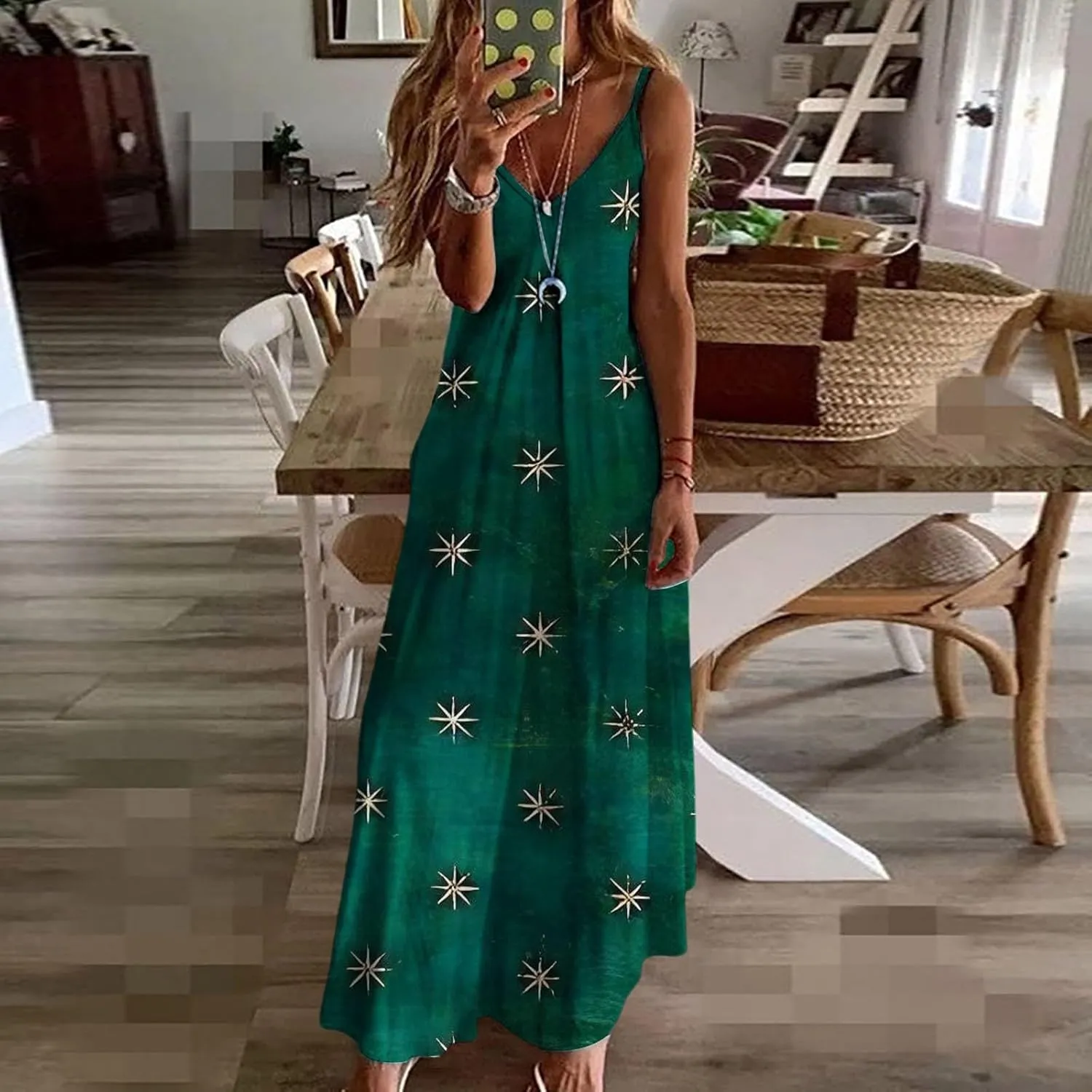 Long Sundresses for Women Summer Flowy Maxi Spaghetti Strap Sun Dresses Casual Boho Hippie Vacation Beach Dress