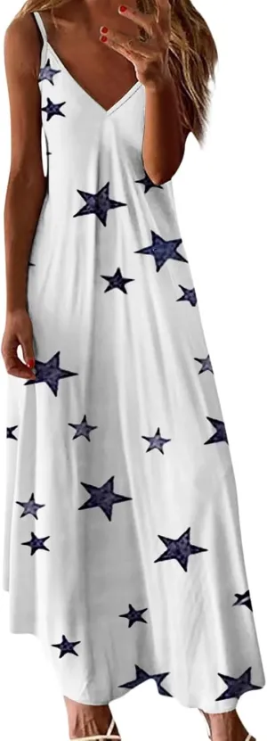Long Sundresses for Women Summer Flowy Maxi Spaghetti Strap Sun Dresses Casual Boho Hippie Vacation Beach Dress