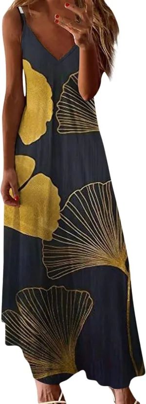 Long Sundresses for Women Summer Flowy Maxi Spaghetti Strap Sun Dresses Casual Boho Hippie Vacation Beach Dress