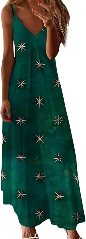 Long Sundresses for Women Summer Flowy Maxi Spaghetti Strap Sun Dresses Casual Boho Hippie Vacation Beach Dress