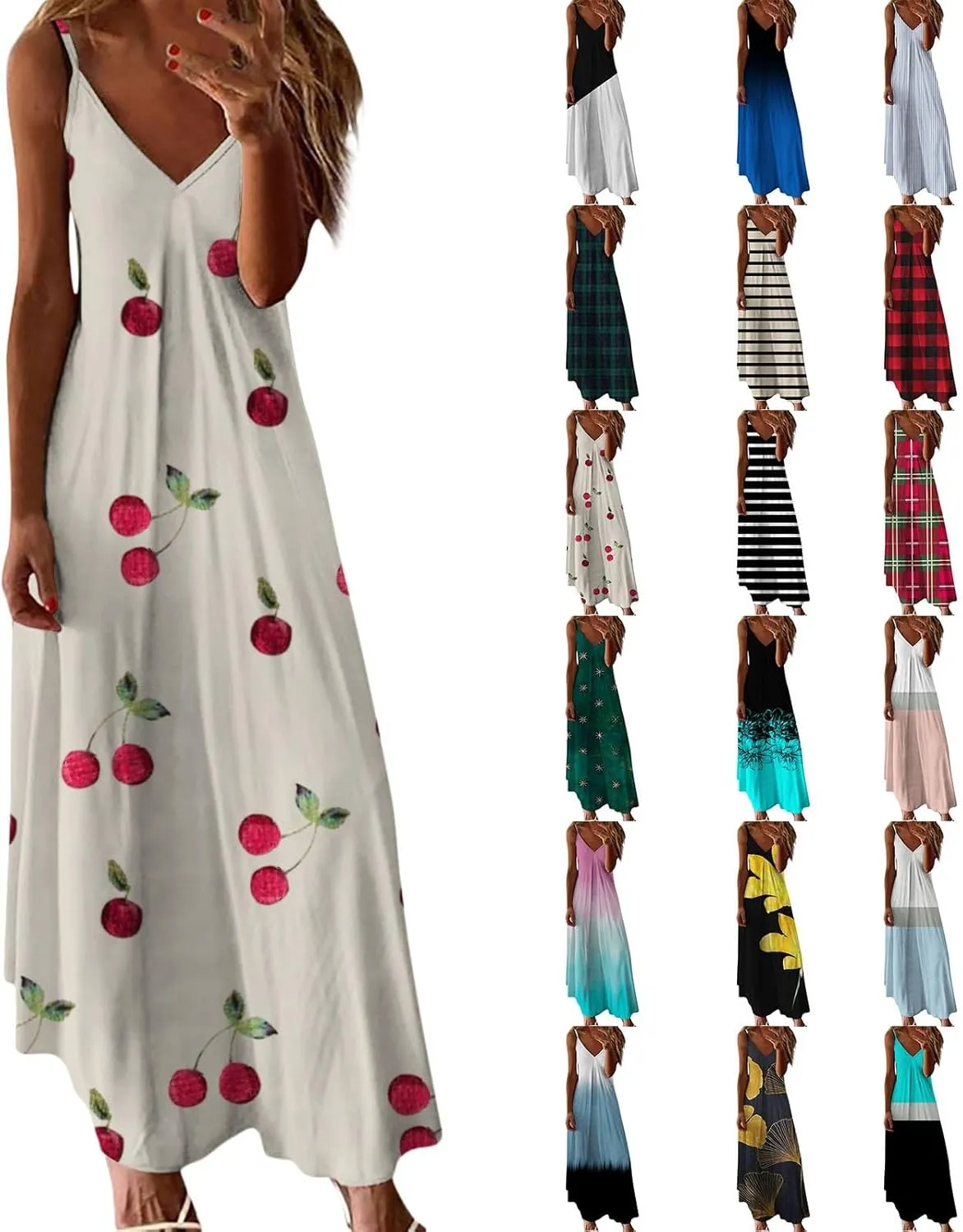 Long Sundresses for Women Summer Flowy Maxi Spaghetti Strap Sun Dresses Casual Boho Hippie Vacation Beach Dress
