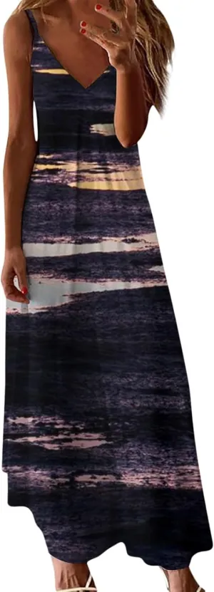 Long Sundresses for Women Summer Flowy Maxi Spaghetti Strap Sun Dresses Casual Boho Hippie Vacation Beach Dress
