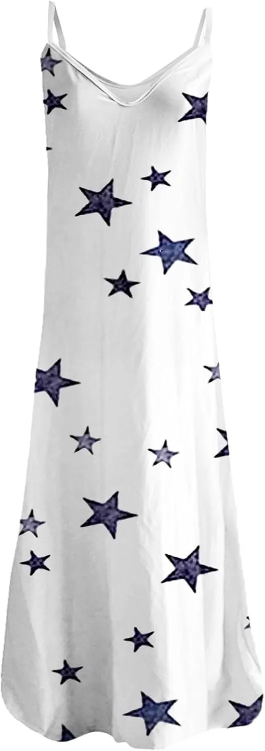 Long Sundresses for Women Summer Flowy Maxi Spaghetti Strap Sun Dresses Casual Boho Hippie Vacation Beach Dress