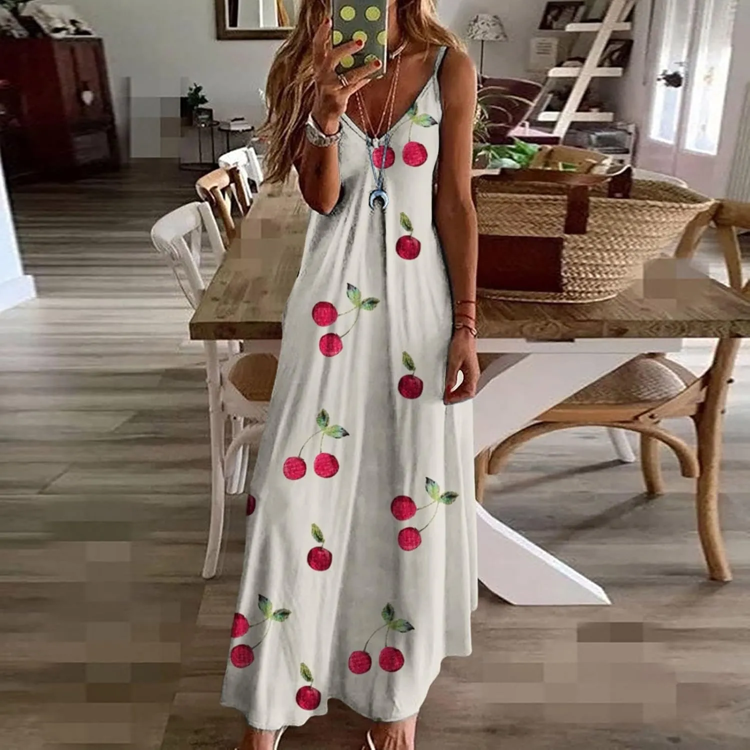 Long Sundresses for Women Summer Flowy Maxi Spaghetti Strap Sun Dresses Casual Boho Hippie Vacation Beach Dress
