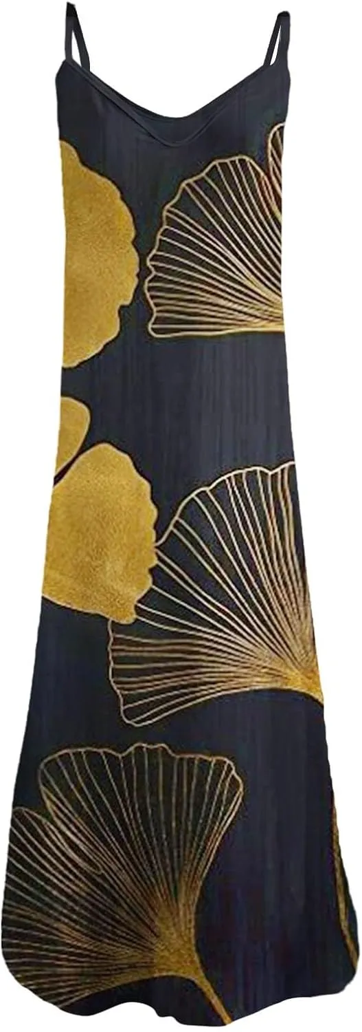 Long Sundresses for Women Summer Flowy Maxi Spaghetti Strap Sun Dresses Casual Boho Hippie Vacation Beach Dress