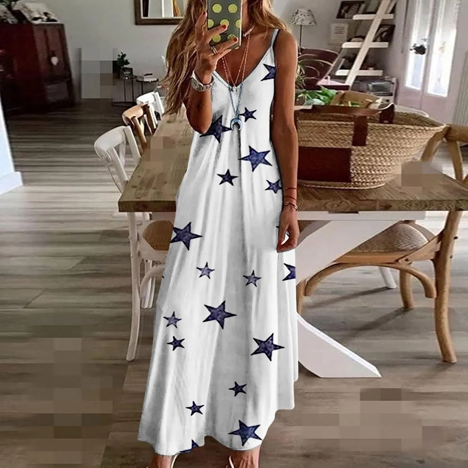 Long Sundresses for Women Summer Flowy Maxi Spaghetti Strap Sun Dresses Casual Boho Hippie Vacation Beach Dress