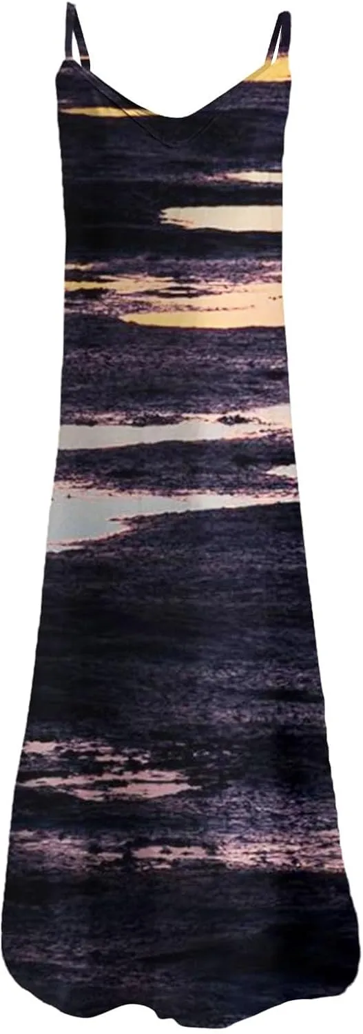 Long Sundresses for Women Summer Flowy Maxi Spaghetti Strap Sun Dresses Casual Boho Hippie Vacation Beach Dress