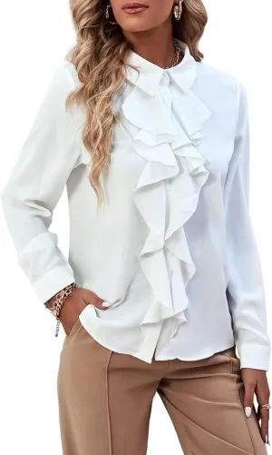 LYANER Women's Collar Neck Button Down Ruffle Front Long Sleeve Blouse Shirt Top