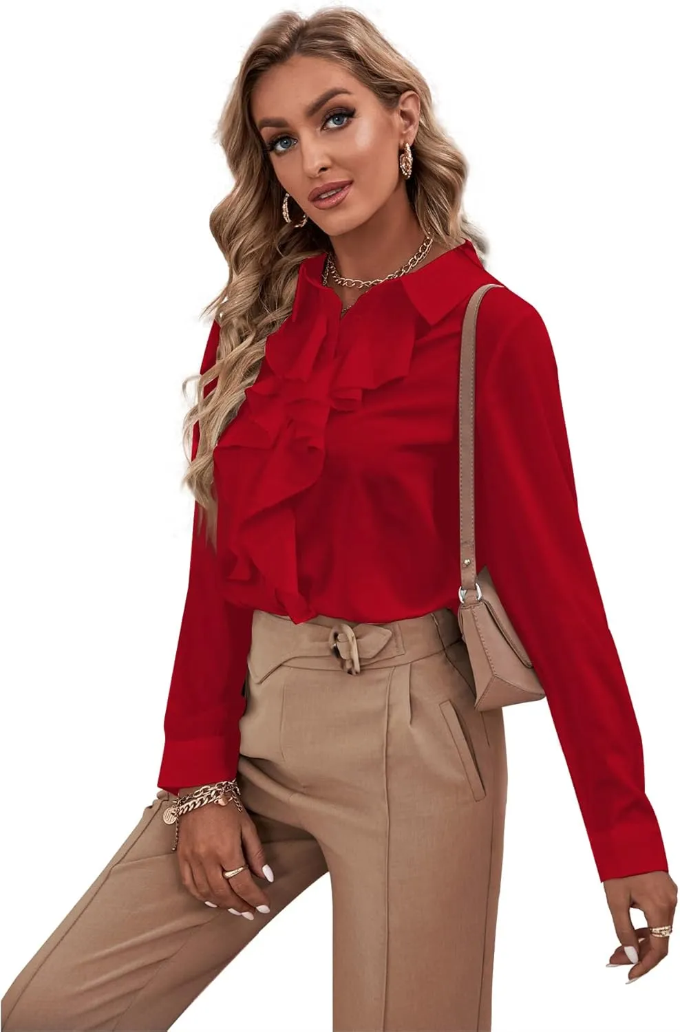LYANER Women's Collar Neck Button Down Ruffle Front Long Sleeve Blouse Shirt Top