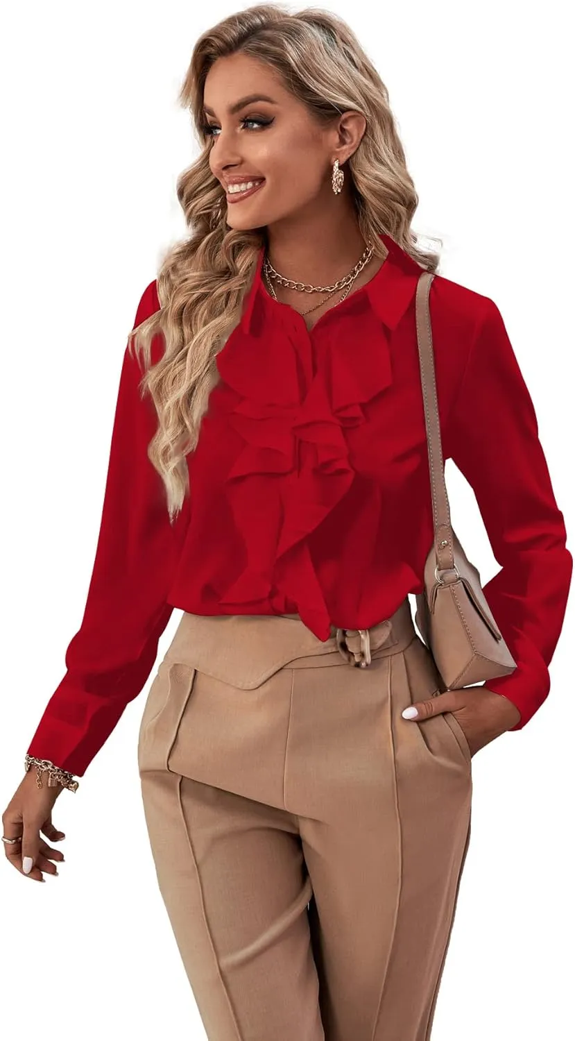 LYANER Women's Collar Neck Button Down Ruffle Front Long Sleeve Blouse Shirt Top