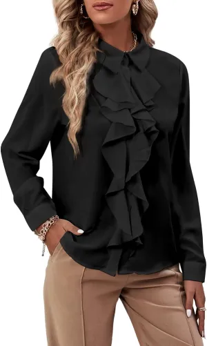 LYANER Women's Collar Neck Button Down Ruffle Front Long Sleeve Blouse Shirt Top