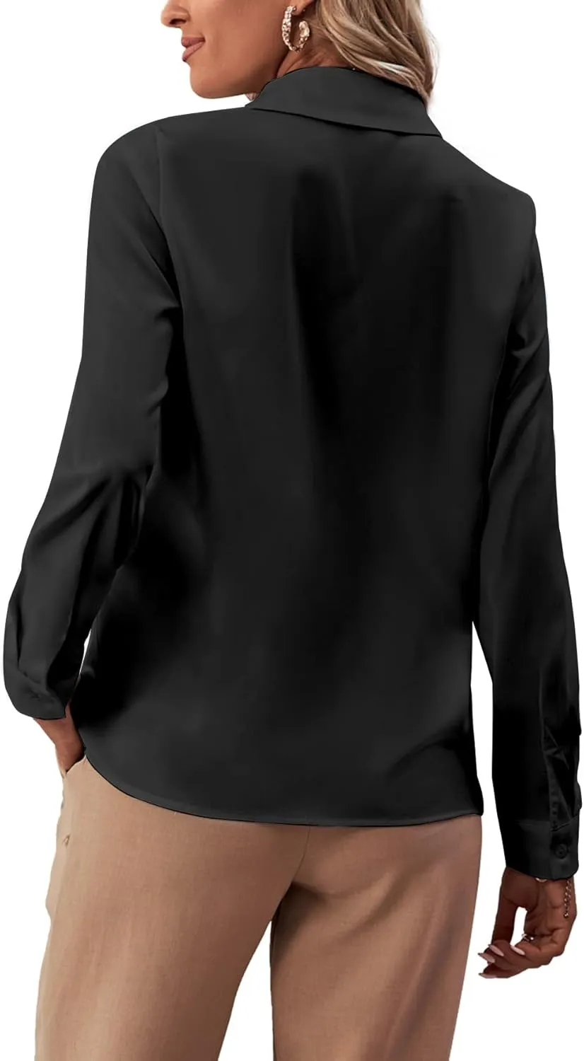 LYANER Women's Collar Neck Button Down Ruffle Front Long Sleeve Blouse Shirt Top