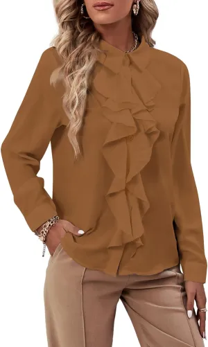 LYANER Women's Collar Neck Button Down Ruffle Front Long Sleeve Blouse Shirt Top