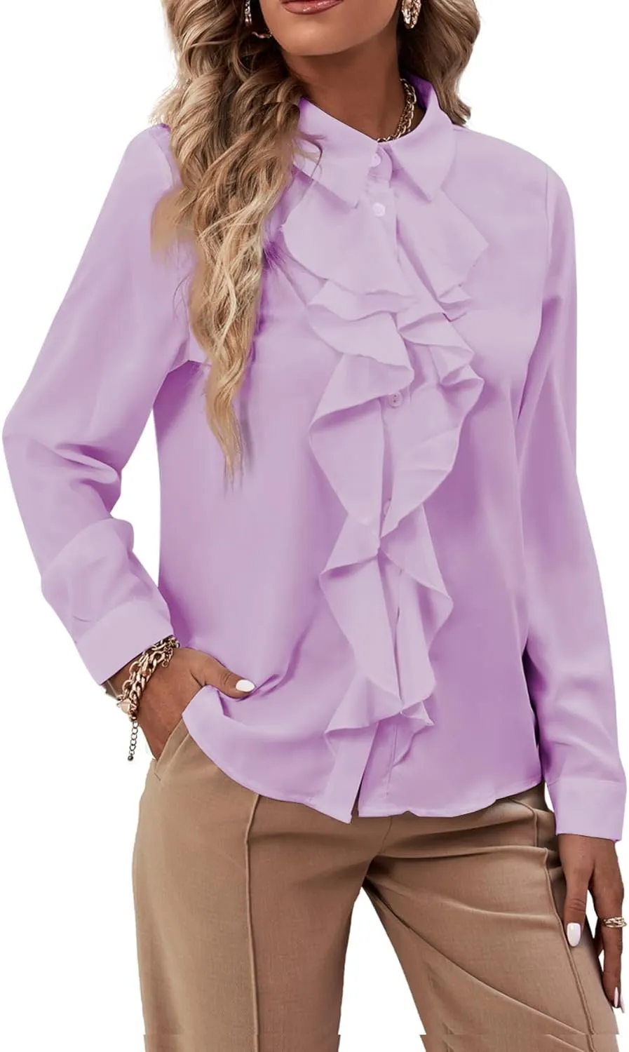 LYANER Women's Collar Neck Button Down Ruffle Front Long Sleeve Blouse Shirt Top